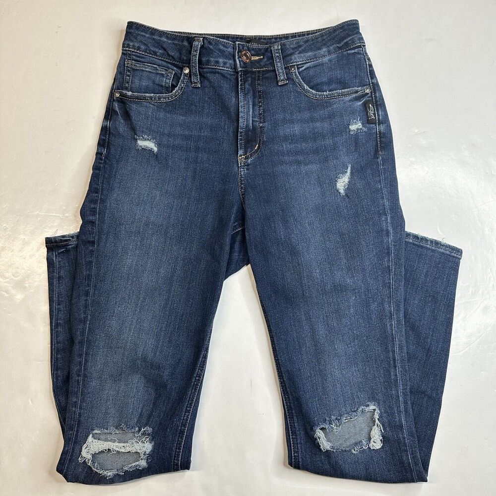 Silver Avery Jeans 29 Curvy Skinny High Rise Stretch Denim Blue Distressed